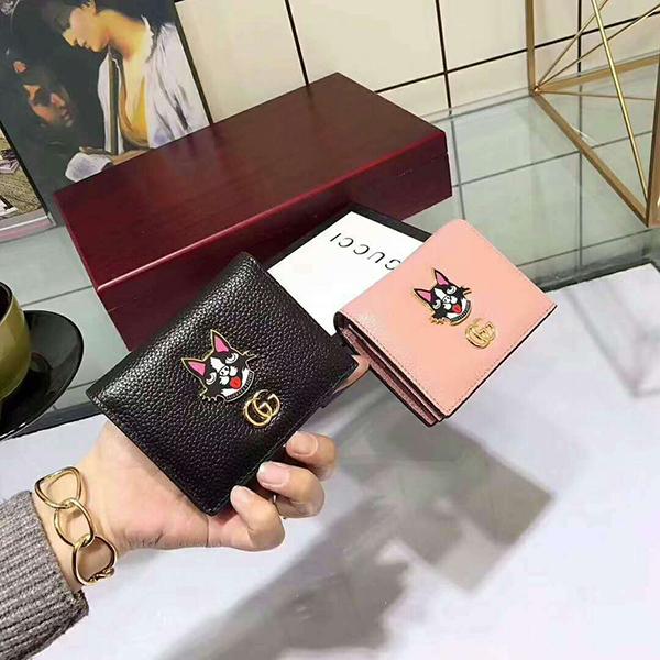 GUCCI(グッチ) 財布 2つ折り財布 小銭入れ付き 犬ウォレット レディース ブラック ピンク 多機能 2018限定新品