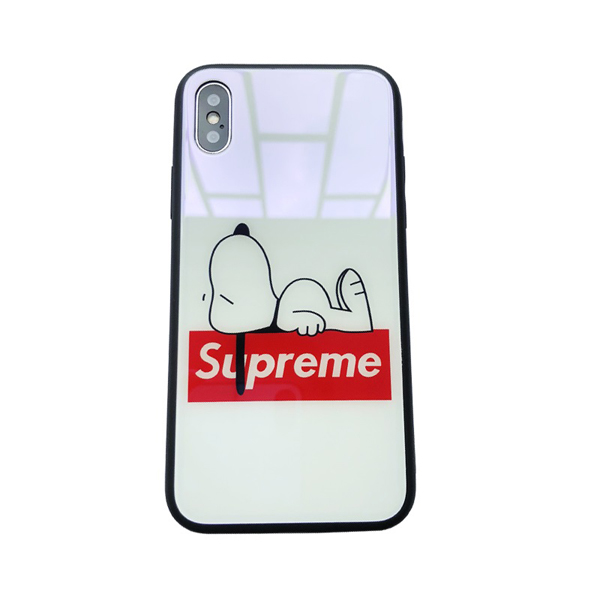 supreme＆snoopyコラボiphonexs maxケース シュプリーム スヌーピーiphonexs/xrカバー 人気  SUPREMEアイフォンX/8PLUS携帯ケース ガラス背面 SNOOPYiphone7/6sプラスケース 可愛い