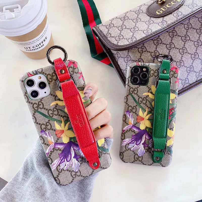 Gucci iphoneSEカバー 花柄 グッチ スマートフォン11/11pro/11pro maxケース ハンドバルト ストラップ  iPhonexs/xr携帯カバー 片手操作 ホール付き かわいい ブランド iphonex/8ケース