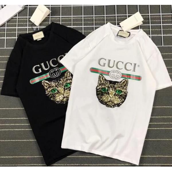 グッチ Tシャツ 猫柄 gucci半袖 レディース キラキラ グッチ短袖 丸首 黒 白 ペアお揃い ブランドｔシャツ トップス おしゃれ コットン  可愛い 送料無料