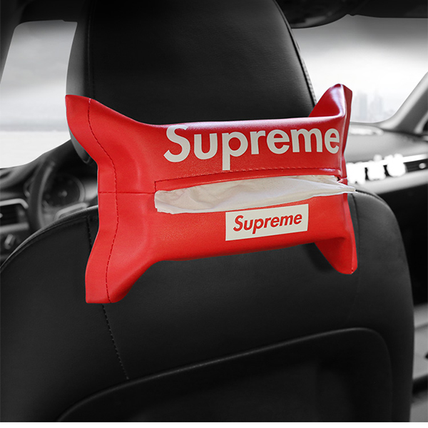 シュプリーム 車用ティッシュケース supreme ティッシュボックス バンド取付 吊り下げ PUレザー 簡単取付 テイッシュ ホルダー ヘッドレスト